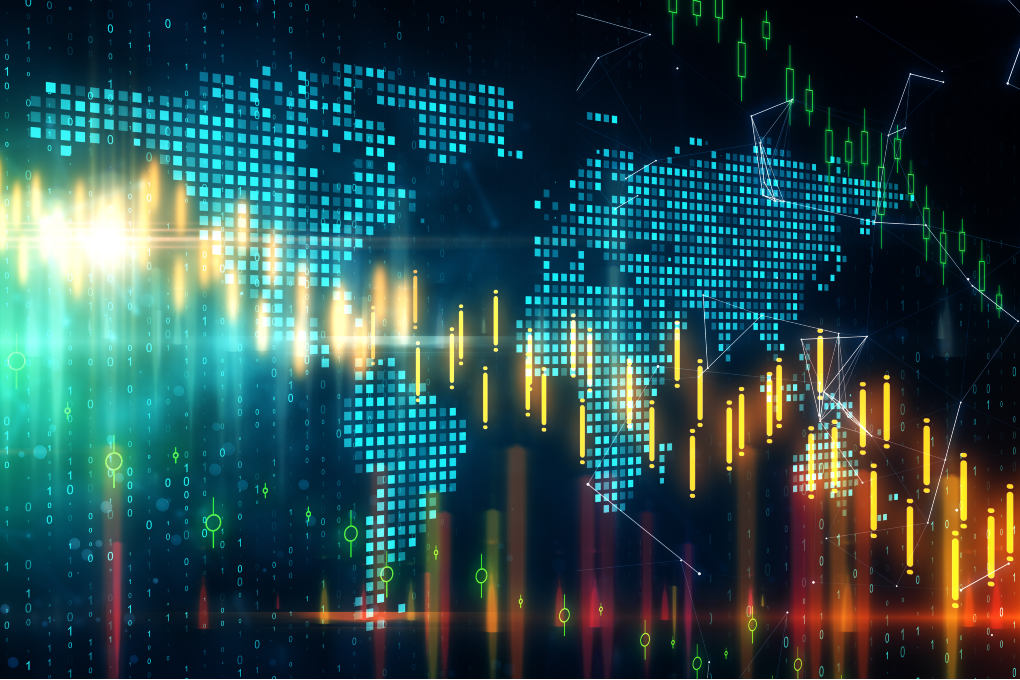 Une photo de la carte du monde avec des lignes qui représentent les tendances du marché.